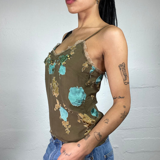 Vintage 2000's Romantic Khaki Green Cami Top with Blue and Beige Floral Embroidery and Ruffled Trim (S)