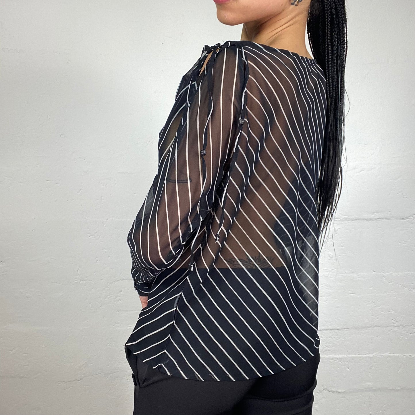 Vintage 2000's Office Girl Black Chiffon See Through White Stripes Shirt with Open Shoulders (L)