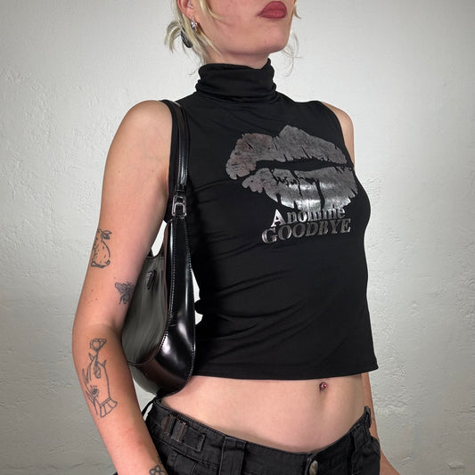 Vintage 2000's Downtown Girl Black Sleeveless Turleneck Top with Silver Lip Print (S)