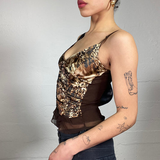 Vintage 2000's Glamorous Cheetah Girl Brown Toned Silky Animal Printed Cami Top (L)