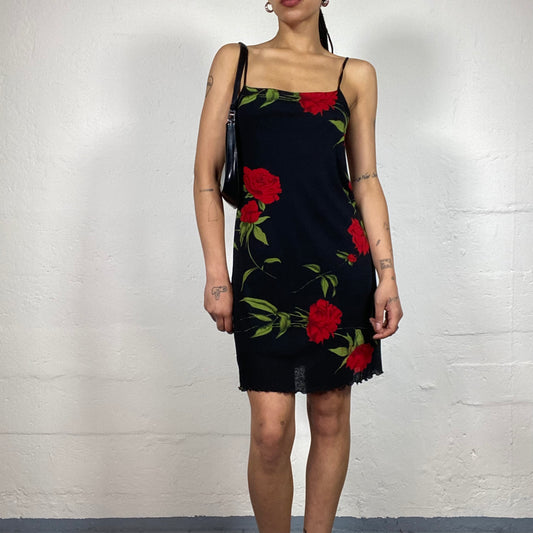 Vintage 2000's Romantic Black Camisole Dress with Red Roses Print (S)
