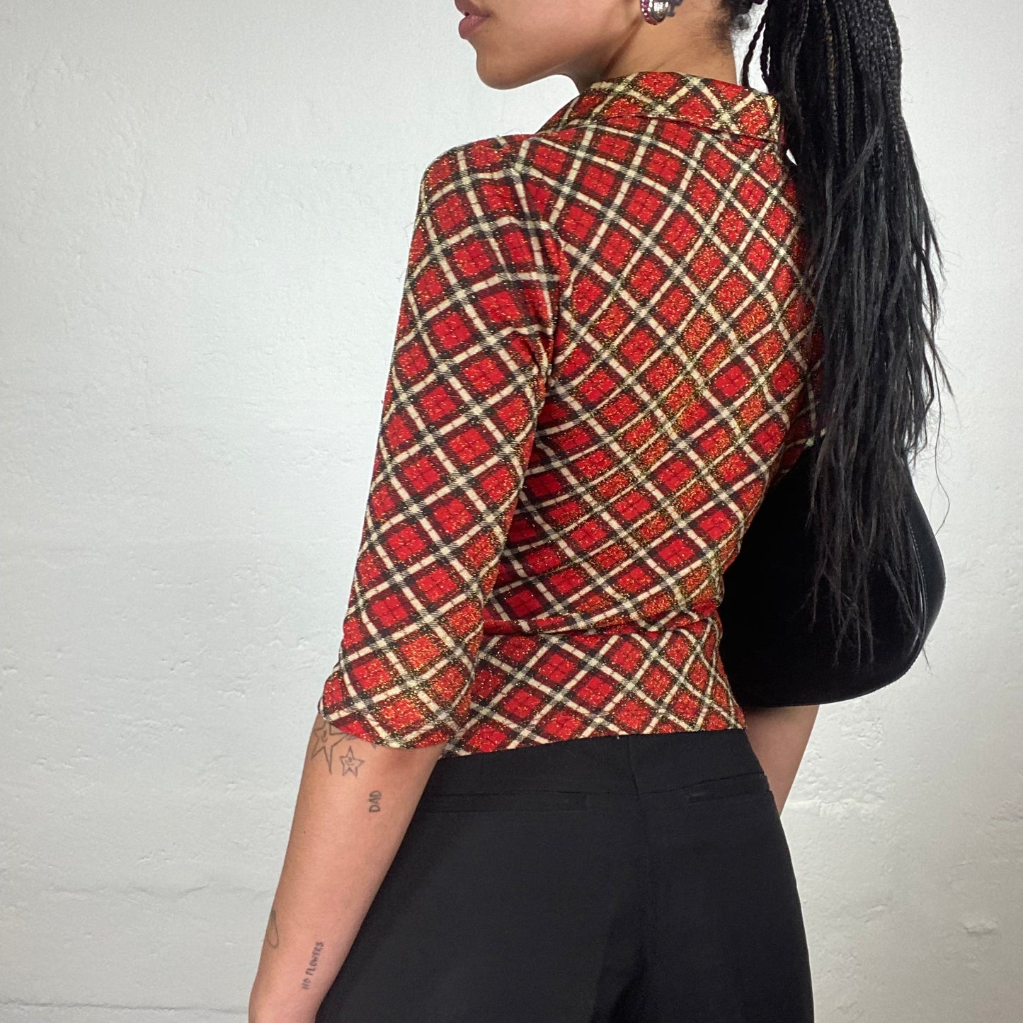 Vintage 2000’s Office Girl Red 2/4 Sleeve Polo Style Shimmer Checkered Top with Collar (M)