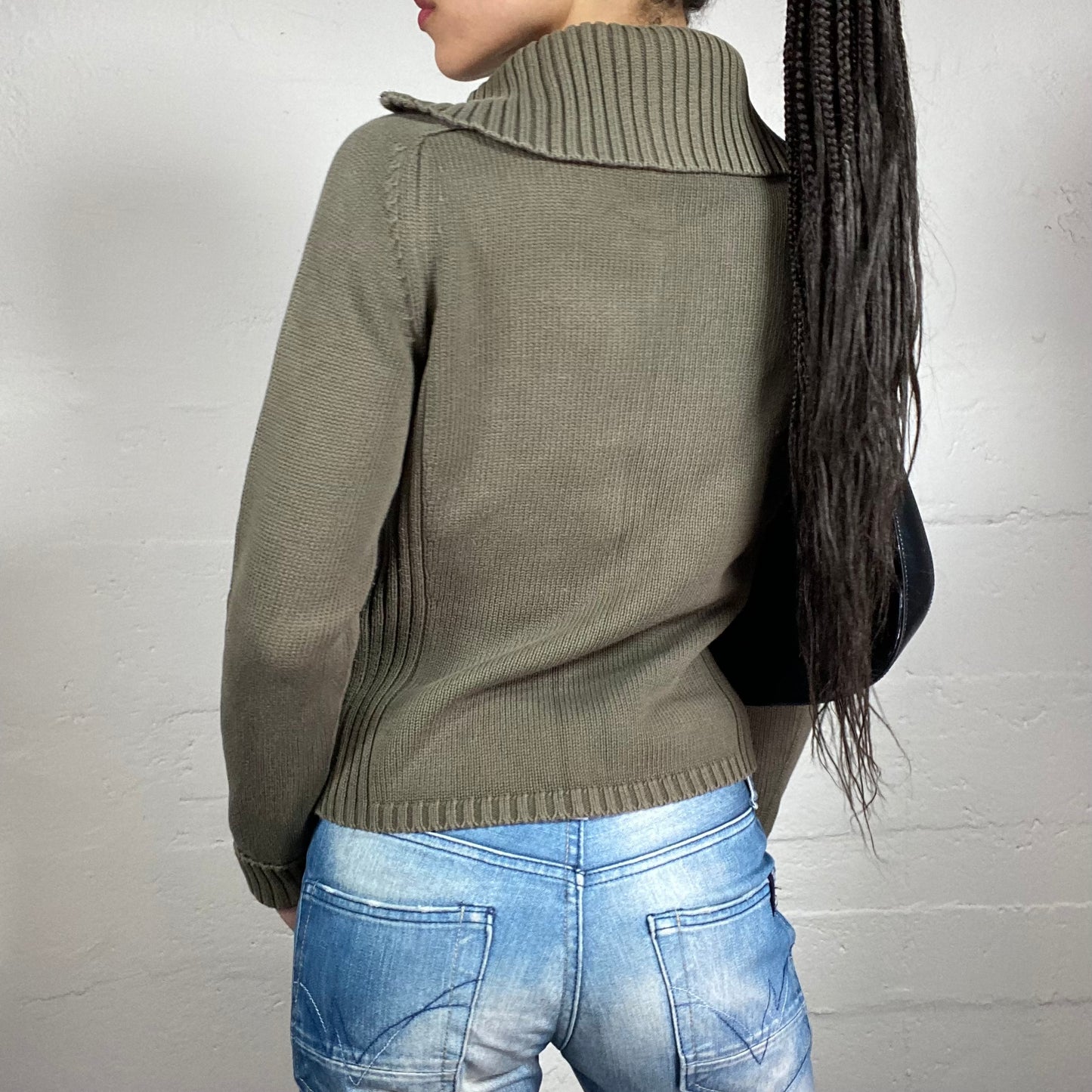 Vintage 2000’s Casual Evening Knitted Faded Green Zip Up Sweater (M)