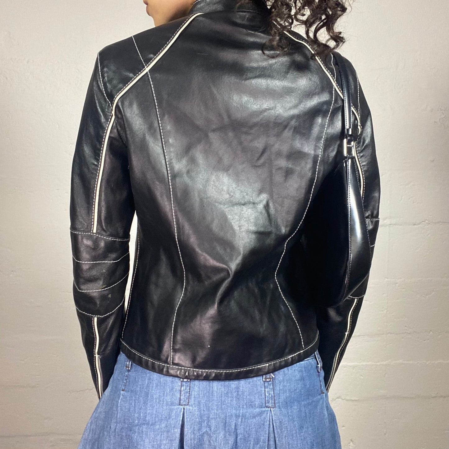 Vintage 2000's Biker Glossy Black Leather Jacket with Contrast White Stripes (M)