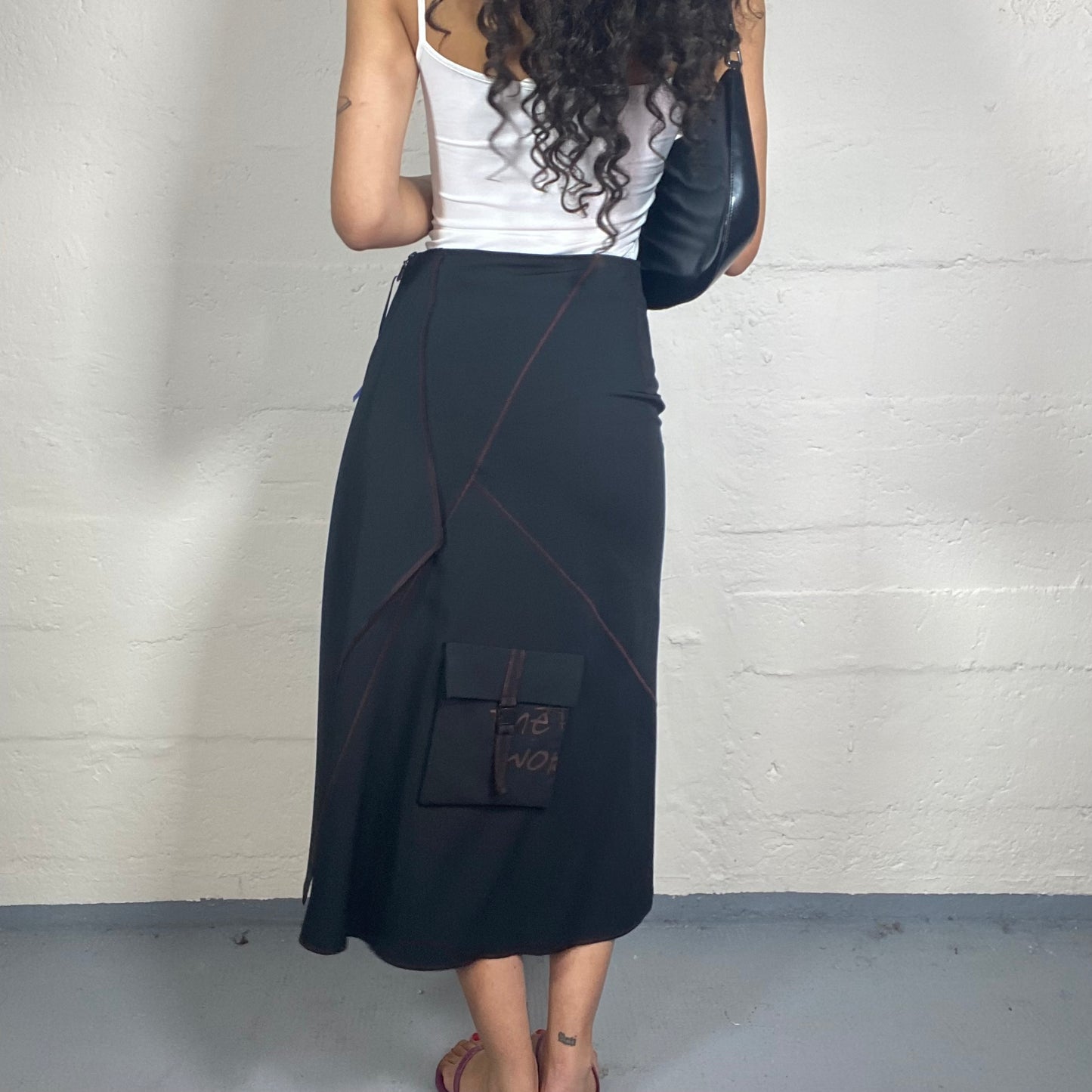 Vintage 2000's Downtown Girl Black Asymmetric Layered Wrapped Up Midi Skirt with Pocket Detail (S)