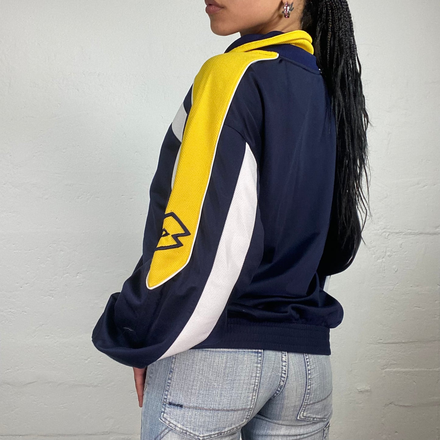 Vintage 2000’s Lotto Sporty Midnight Blue Zip Up Pullover with White and Yellow Print (L)