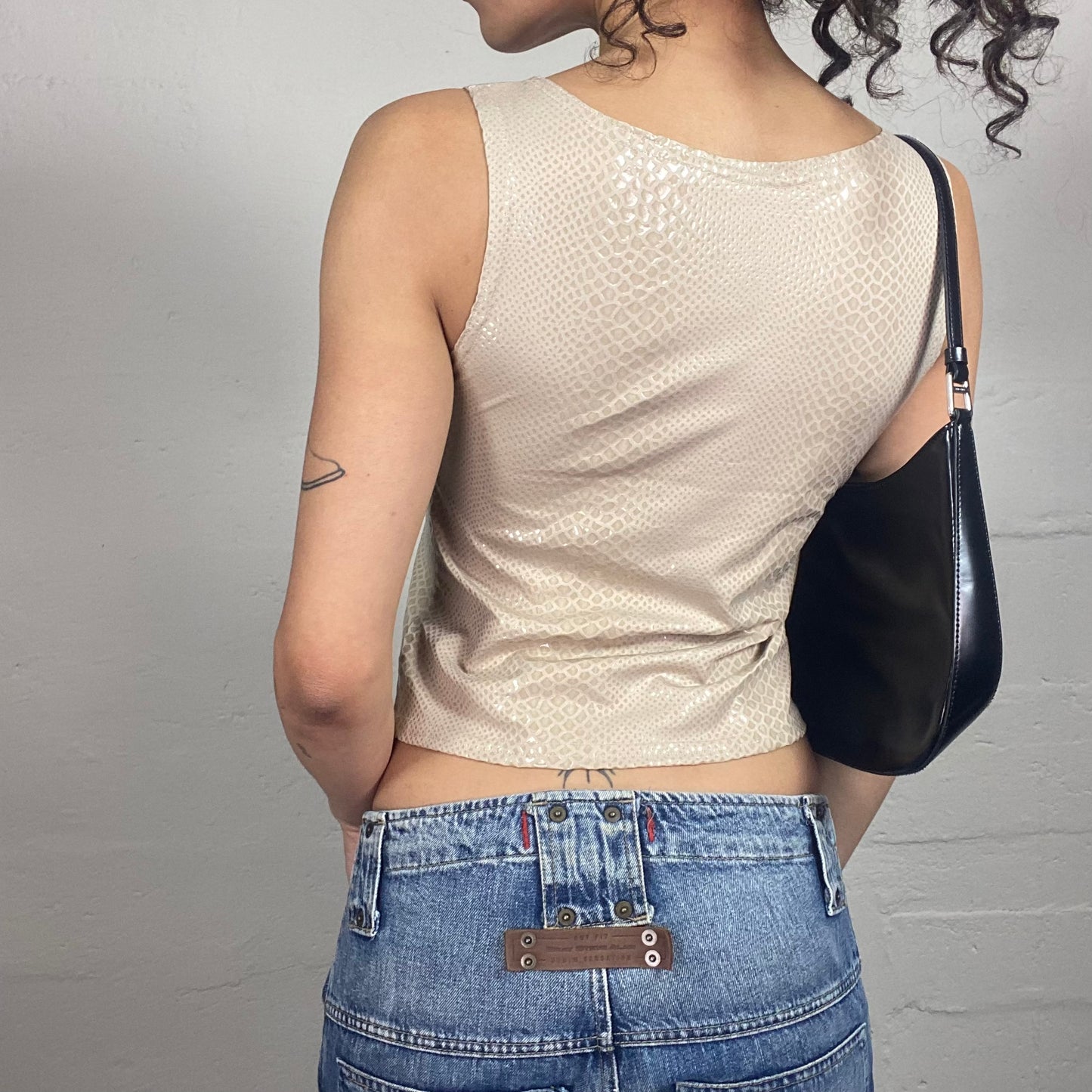 Vintage 2000's Glam Beige Glossy Tank Top with Snake Skin Pattern (S)