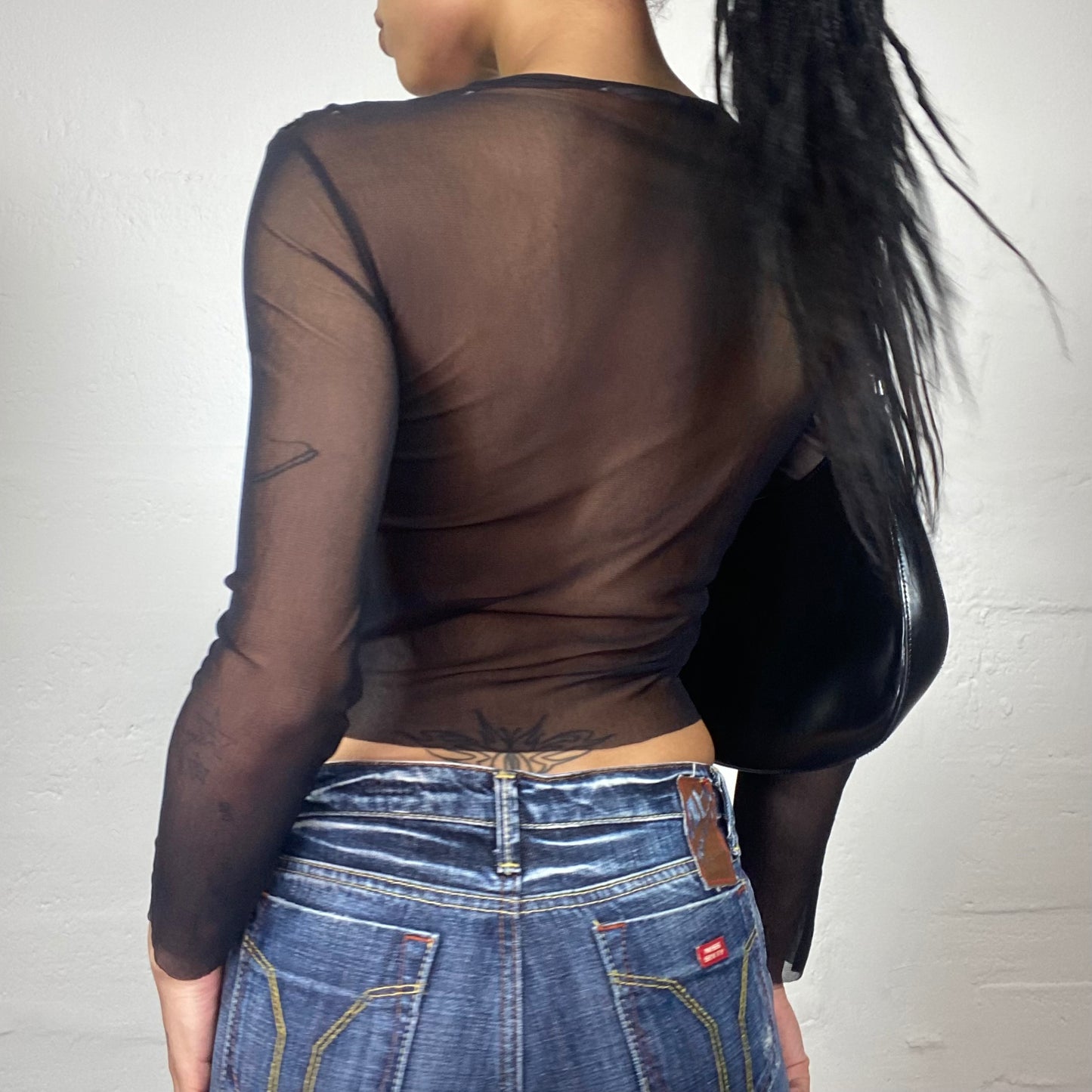 Vintage 2000's Grunge Black See-Through Longsleeve Top with Crochet Front (S/M)