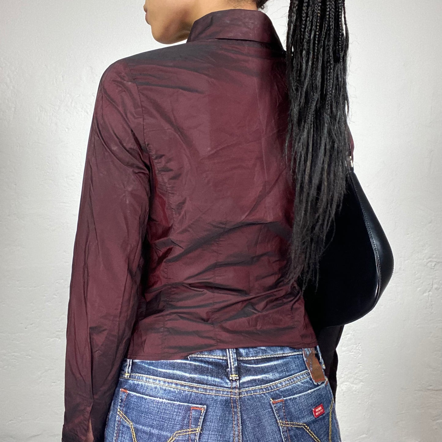 Vintage 2000's Downtown Girl Dark Burgundy Zip Up Longsleeve Collared Top (S)