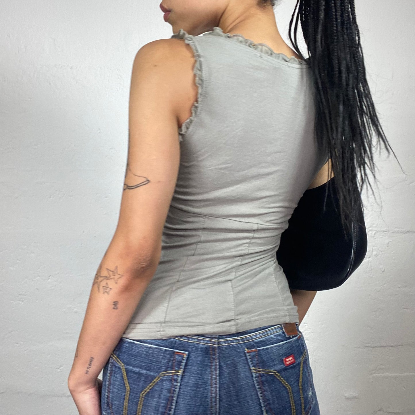 Vintage 2000's Coquette Light Grey V-Cut Draped Tank Top with Ruffled Trim and Middle Ribbon (S)