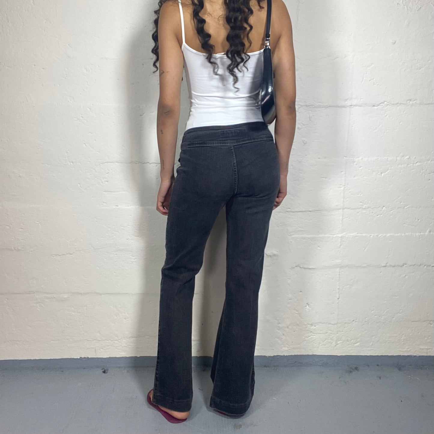 Vintage 2000's Streetstyle Black Washed Out Low Rise Flare Button Up Jeans (M)