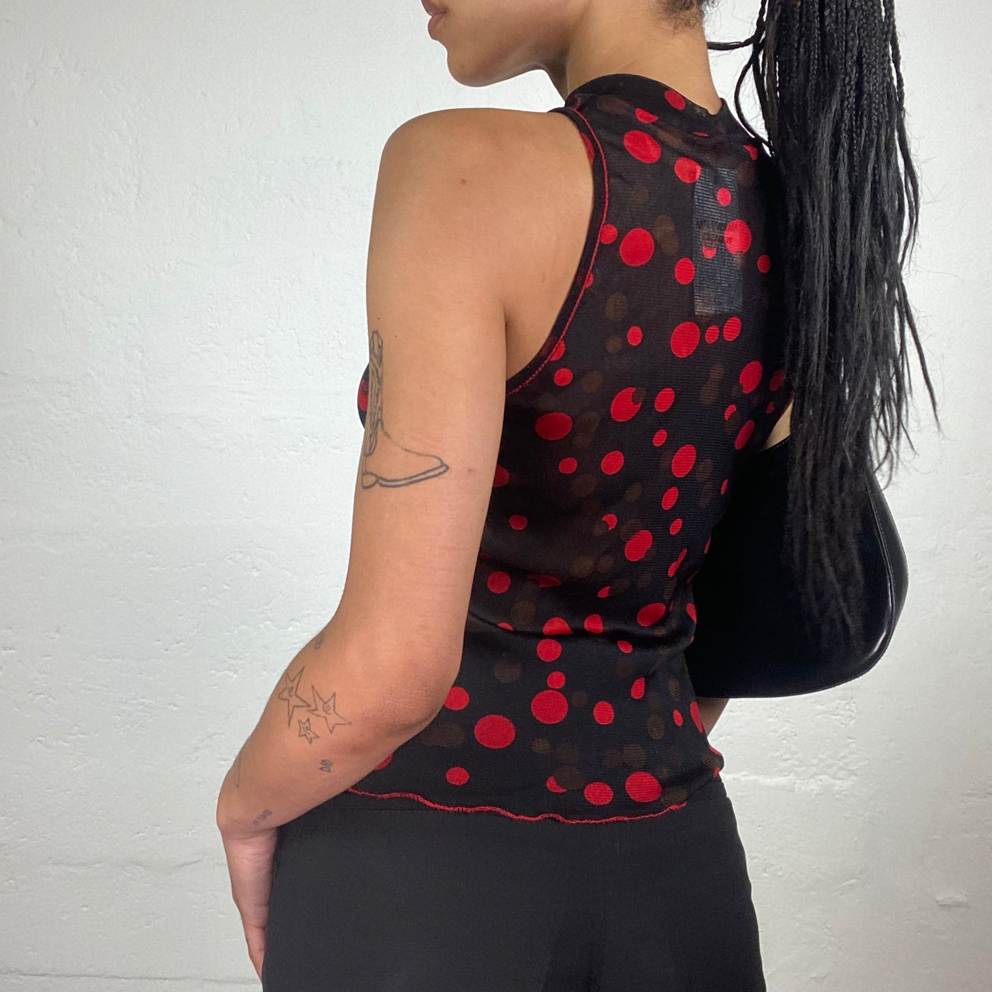 Vintage 2000’s Romantic Black Chiffon Turtleneck Sleeveless Top with Red Polka Dot Print (M)