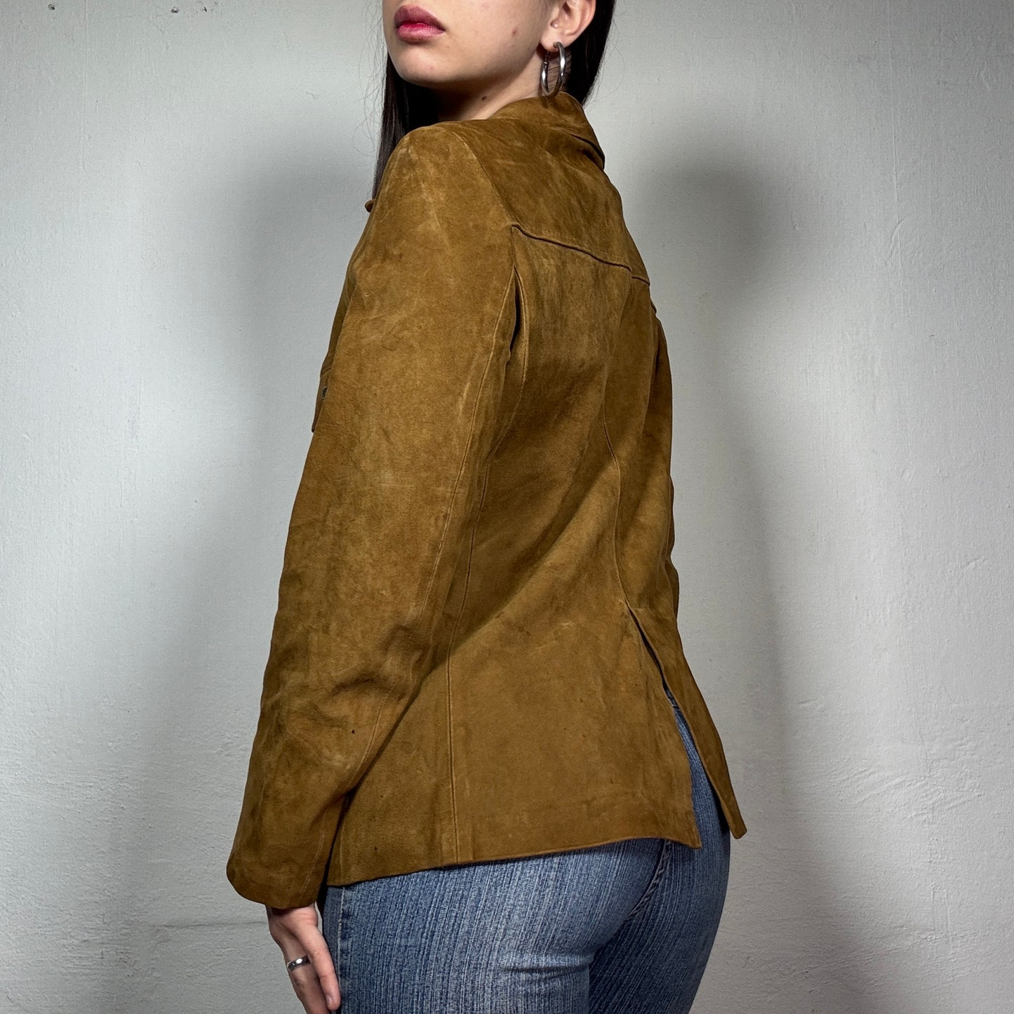 Vintage 90’s Suede Effect Brown Button Up Jacket with Side Belts (S)