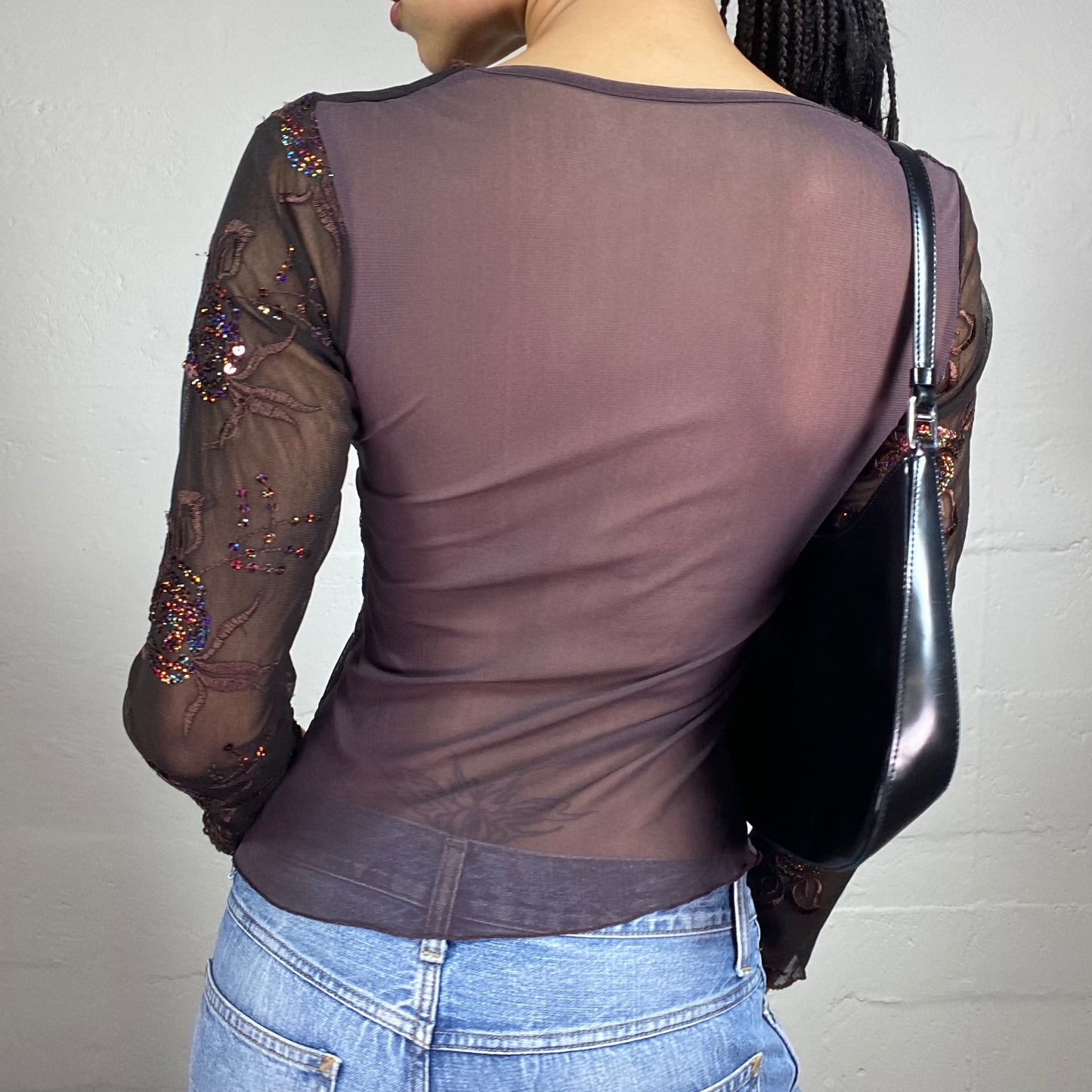 Vintage 2000's Boho Brown Mesh Longsleeve Floral Sequin Embroidery Top with Purple Mesh Back (M)