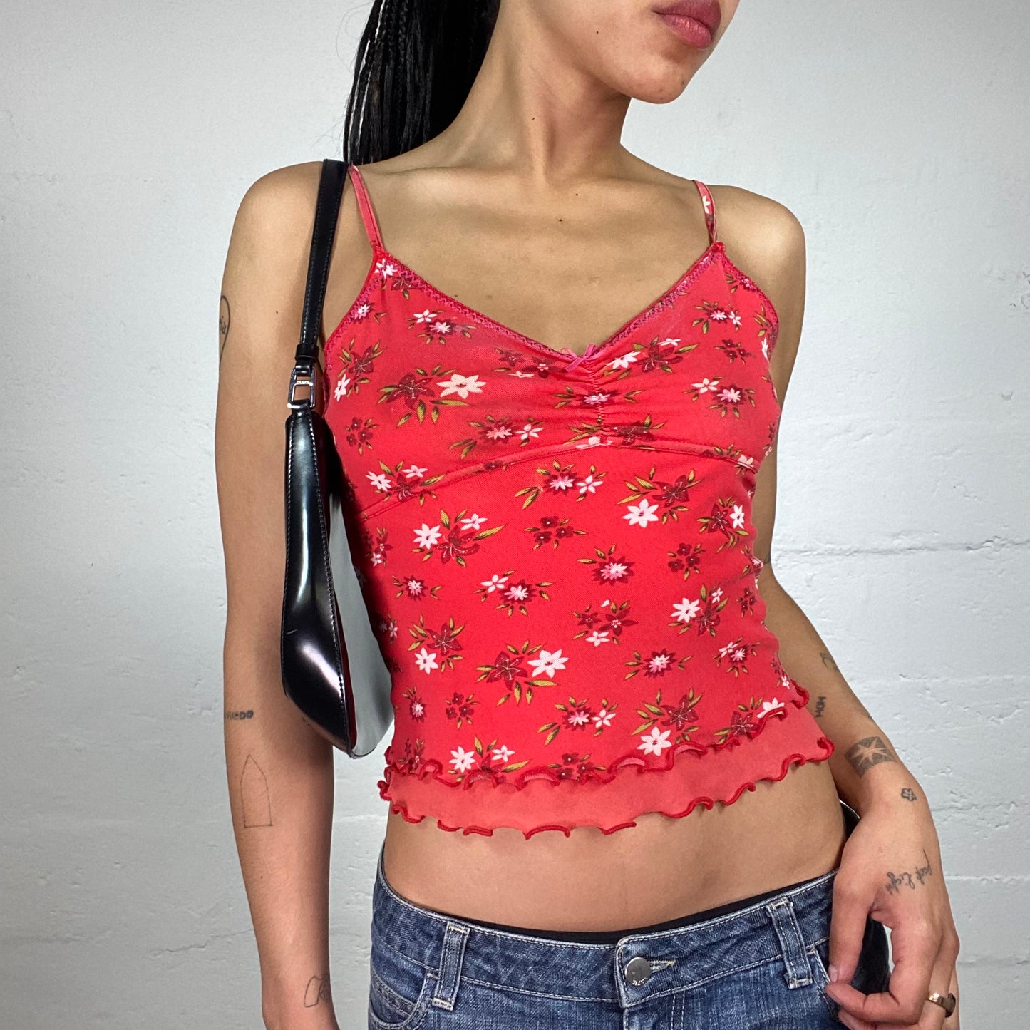 Vintage 2000's Summer Coral Red Layered Floral Print Cami Top (S)