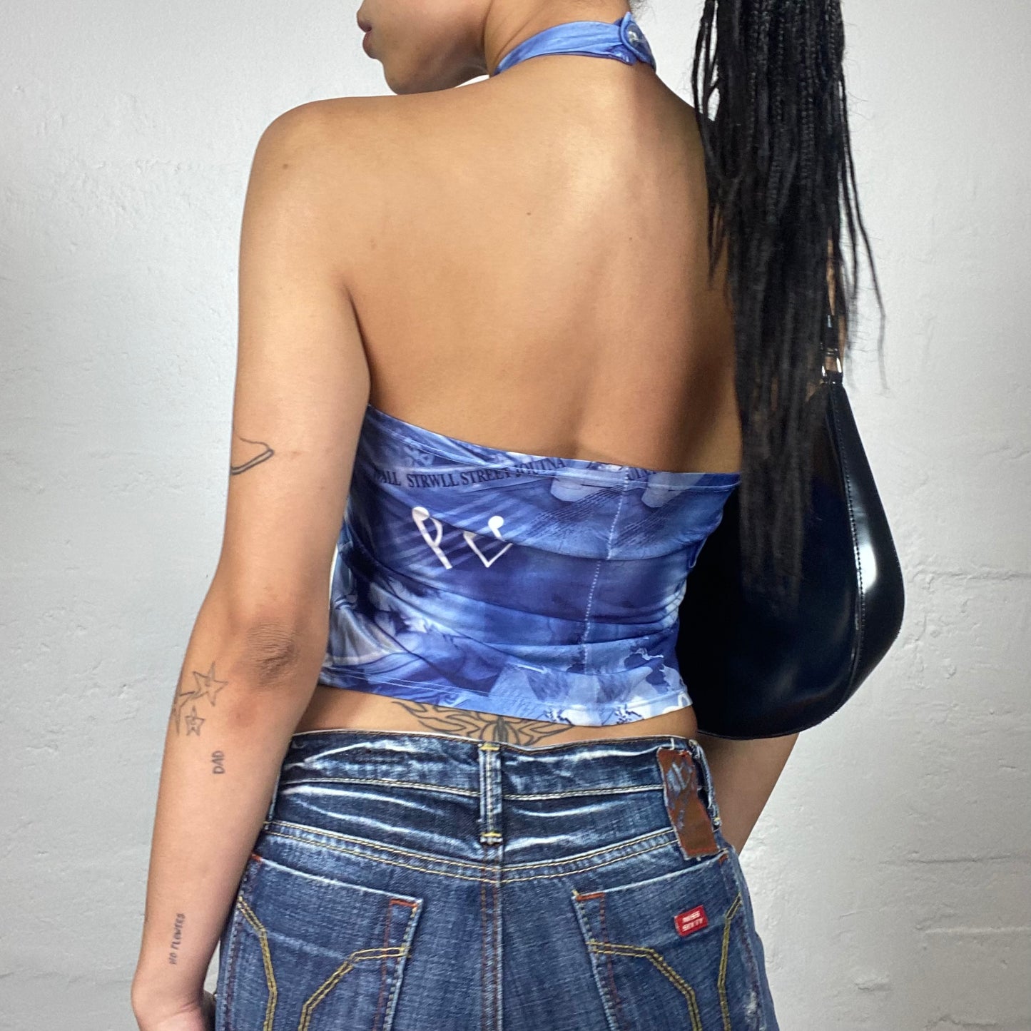 Vintage 2000's Downtown Girl Romantic Blue Cropped Neckholder Top with Abstract Print (S/M)