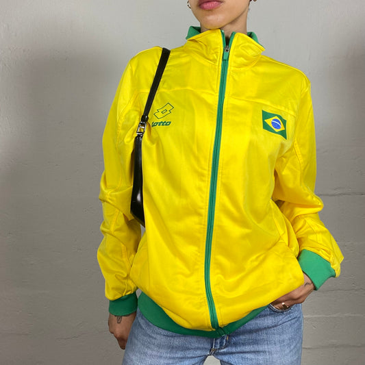 Vintage 2000's Lotto Brazil Yellow and Green Zip Up Windbreaker Jacket with Flag Embroidery (XL)