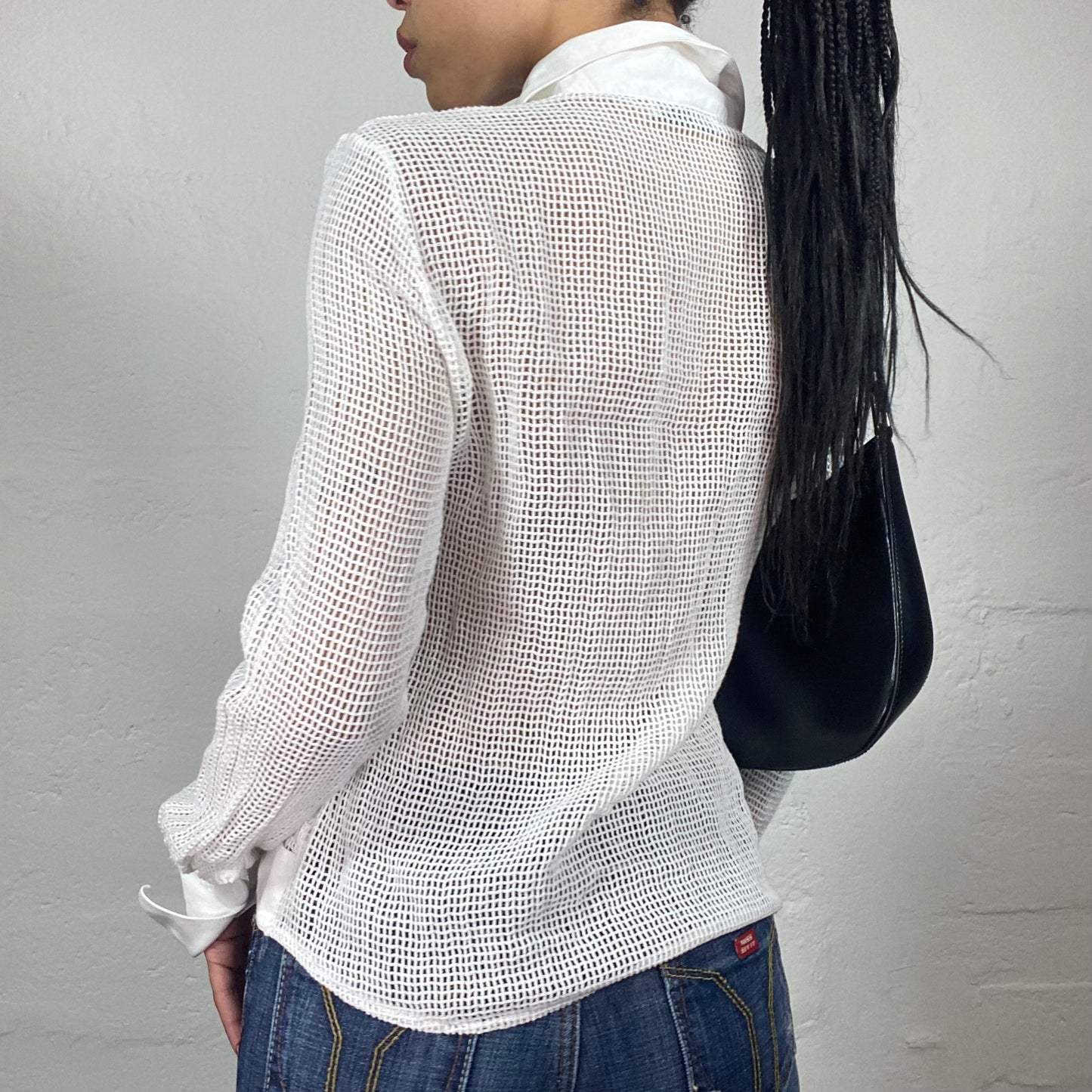 Vintage 2000's Soft Girl White Net Effect Longsleeve Button Up Blazer Style Collared Top (M)