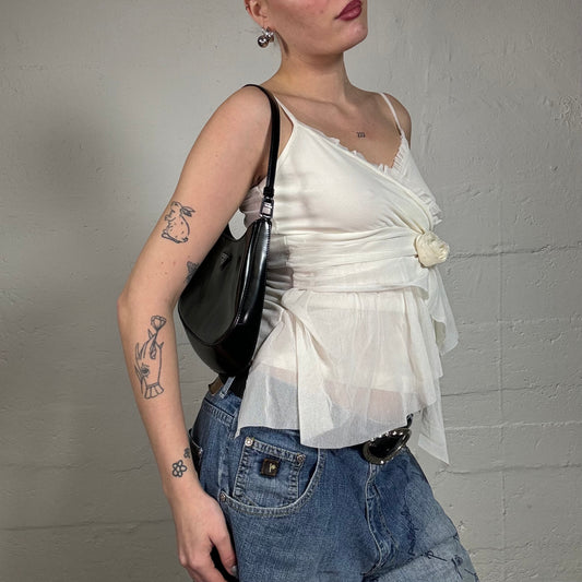 Vintage 2000's Soft Girl White Mesh Cami Top with Rosette Detail (S)
