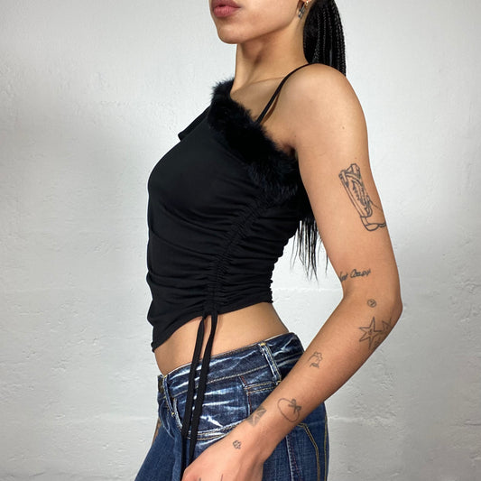 Vintage 2000's Glamorous Black Asymmetric Shoulders Draped Mini Top with Fur Trim (S)