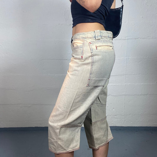 Vintage 2000's Summer Light Denim Beige Wash Middle Waist Straight Cut Capri Jeans (M)