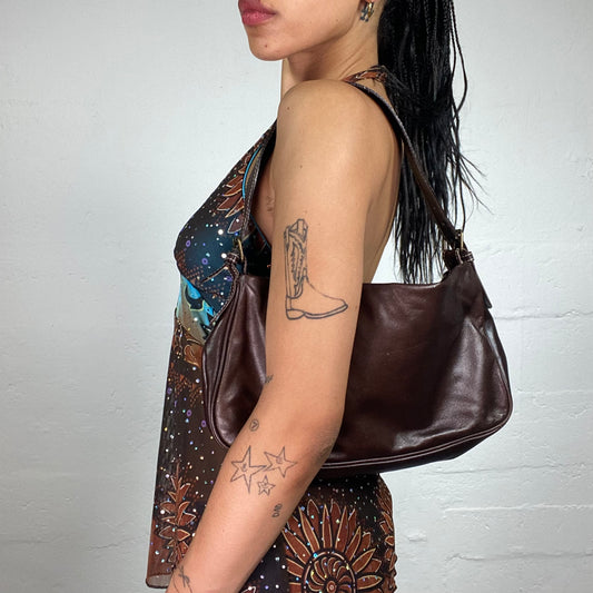 Vintage 2000's Cowgirl Brown Leather Shoulder Bag with Crocodile Effect Metal Pieces Decorated Details