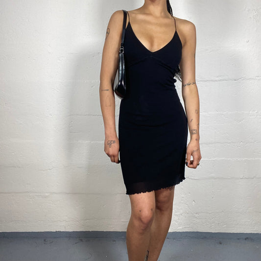 Vintage 2000's Night Out Summer Black Layered Classy Cami Dress with Cross Back Binding (S)