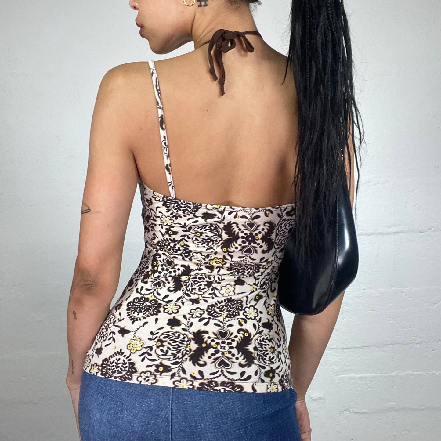 Vintage 2000's Summer Boho White and Brown Printed Layered Cami and Neckholder Combo Top (S)