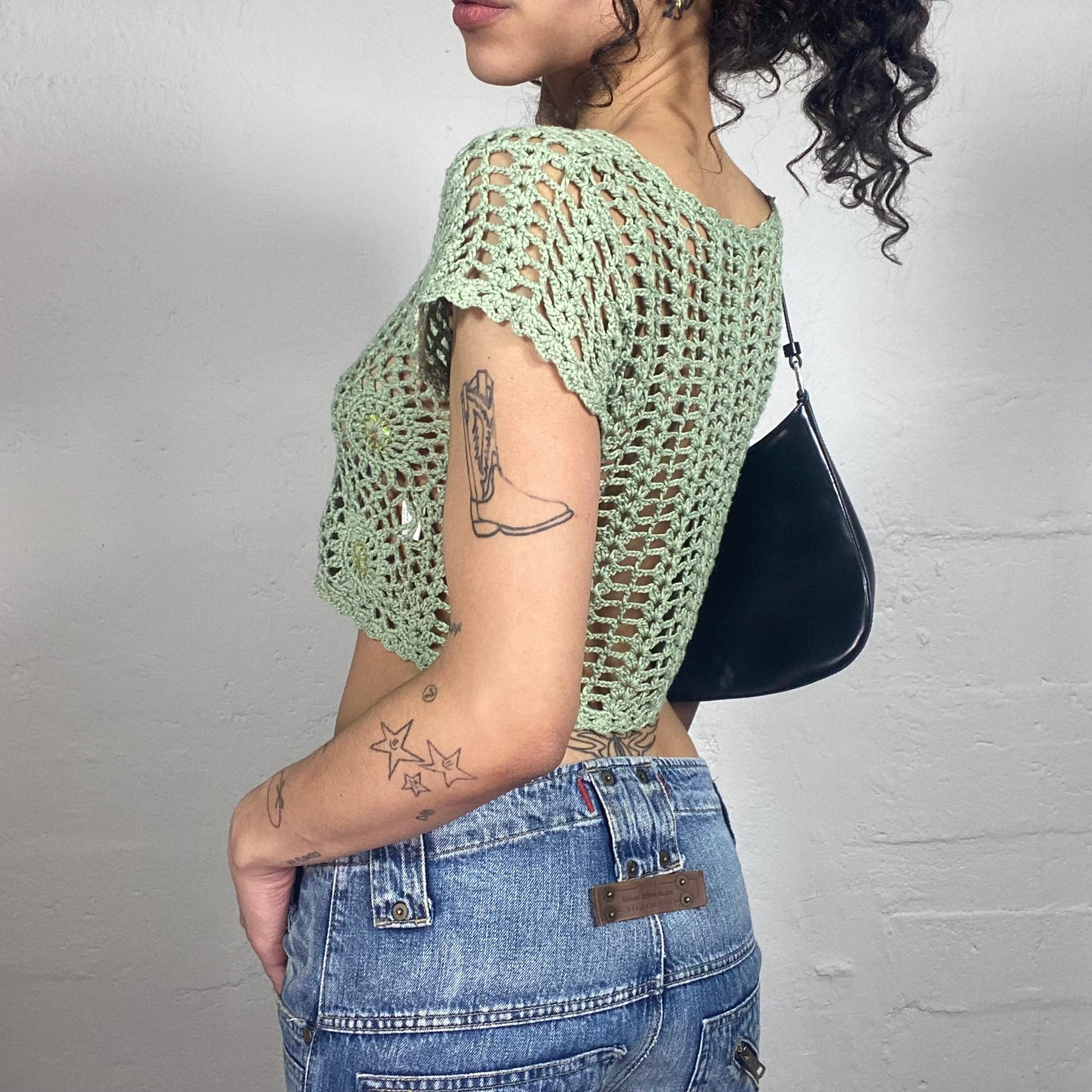 Vintage 2000's Boho Green Crochet Bolero Cropped Top (S)