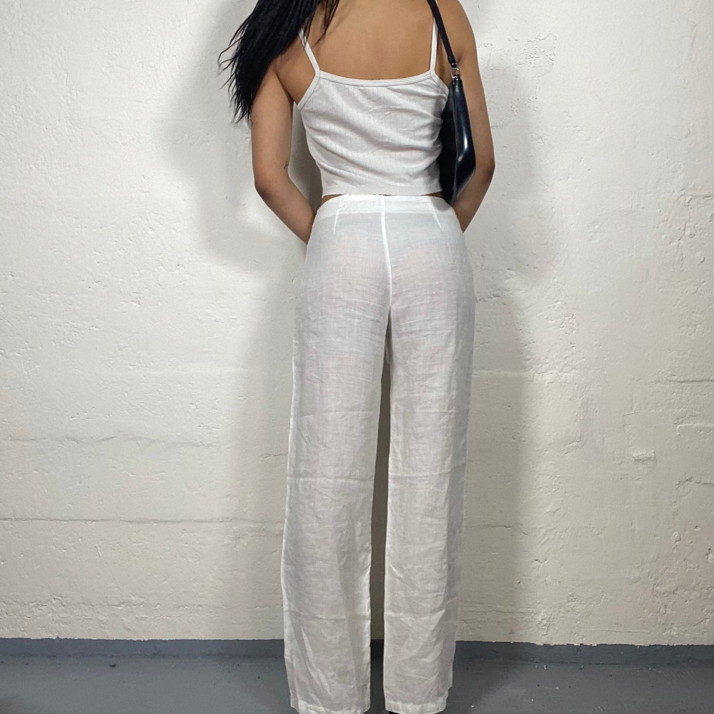 Vintage 2000’s Soft Girl Summer White Linen Wide Leg Low Rise Pants with Waist Rubber (S)