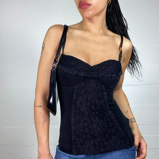 Vintage 2000's Romantic Black Floral Lace Details Corset Style Cami Top (M)