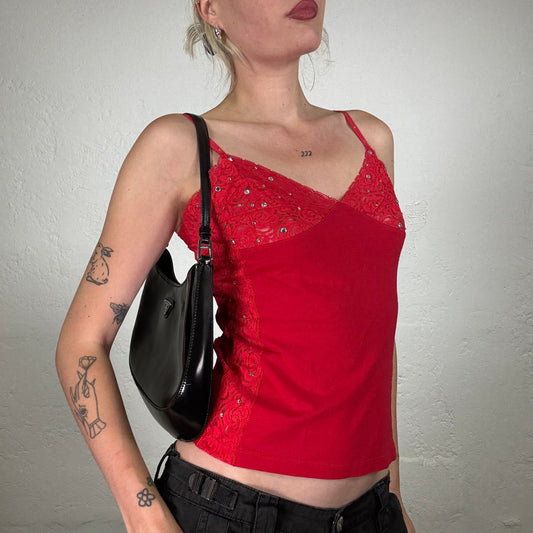Vintage 2000's Date Night Hot Red Corset Style Top with Red Lace and Rhinestone Details (M)