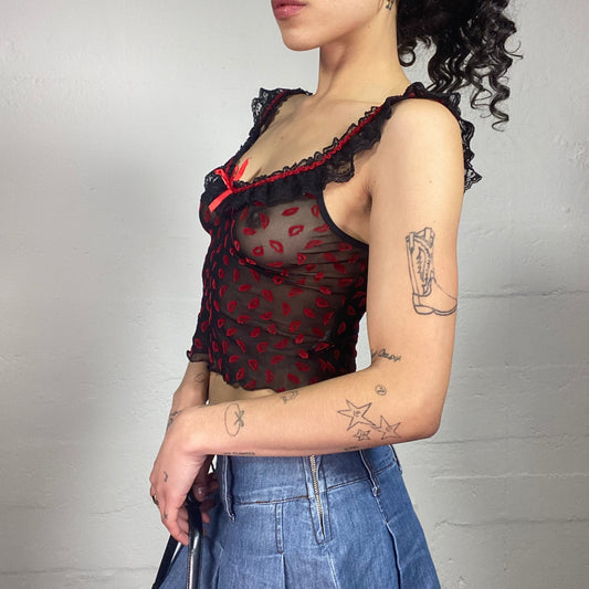 Vintage 2000's Goth Coquette Black Mesh Off Shoulders Top with Red Lips Prints and Ruffles (S)