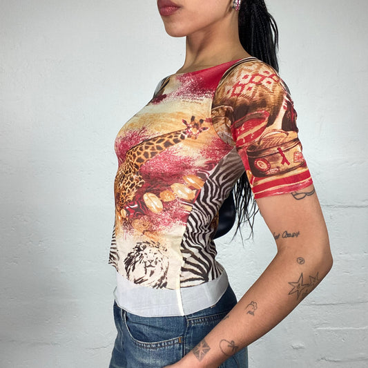 Vintage 2000's Summer Warm Toned Short Sleeved Top with Safari Print (S)