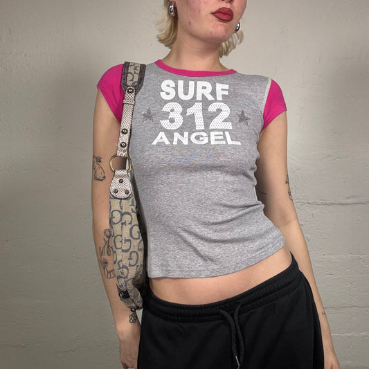 Vintage 2000's Downtown Girl Grey and Pink Surf 312 Angel Print Tee (S)