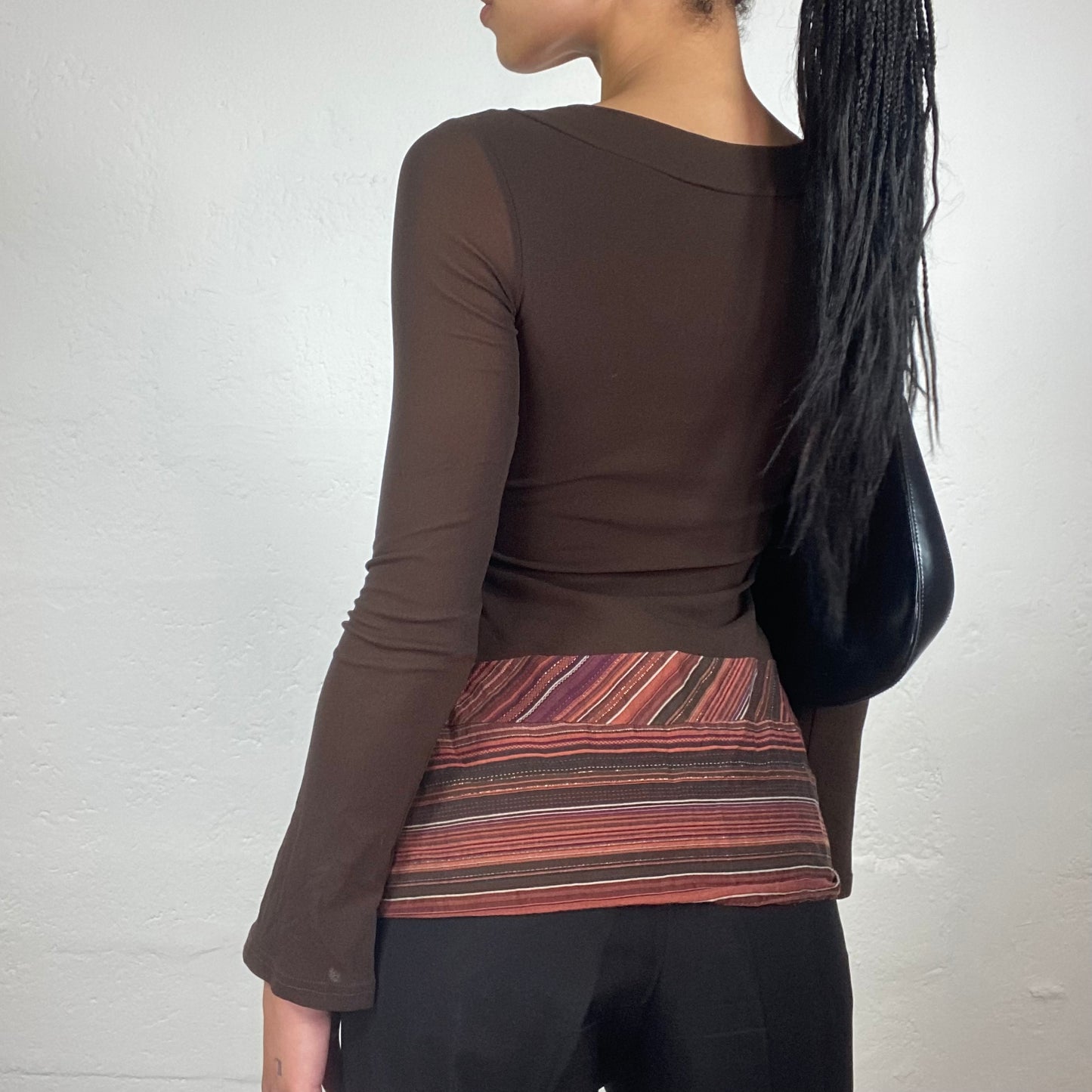 Vintage 2000’s Downtown Girl Brown Wrapped Bra Longsleeve Top with Striped Bottom (S)