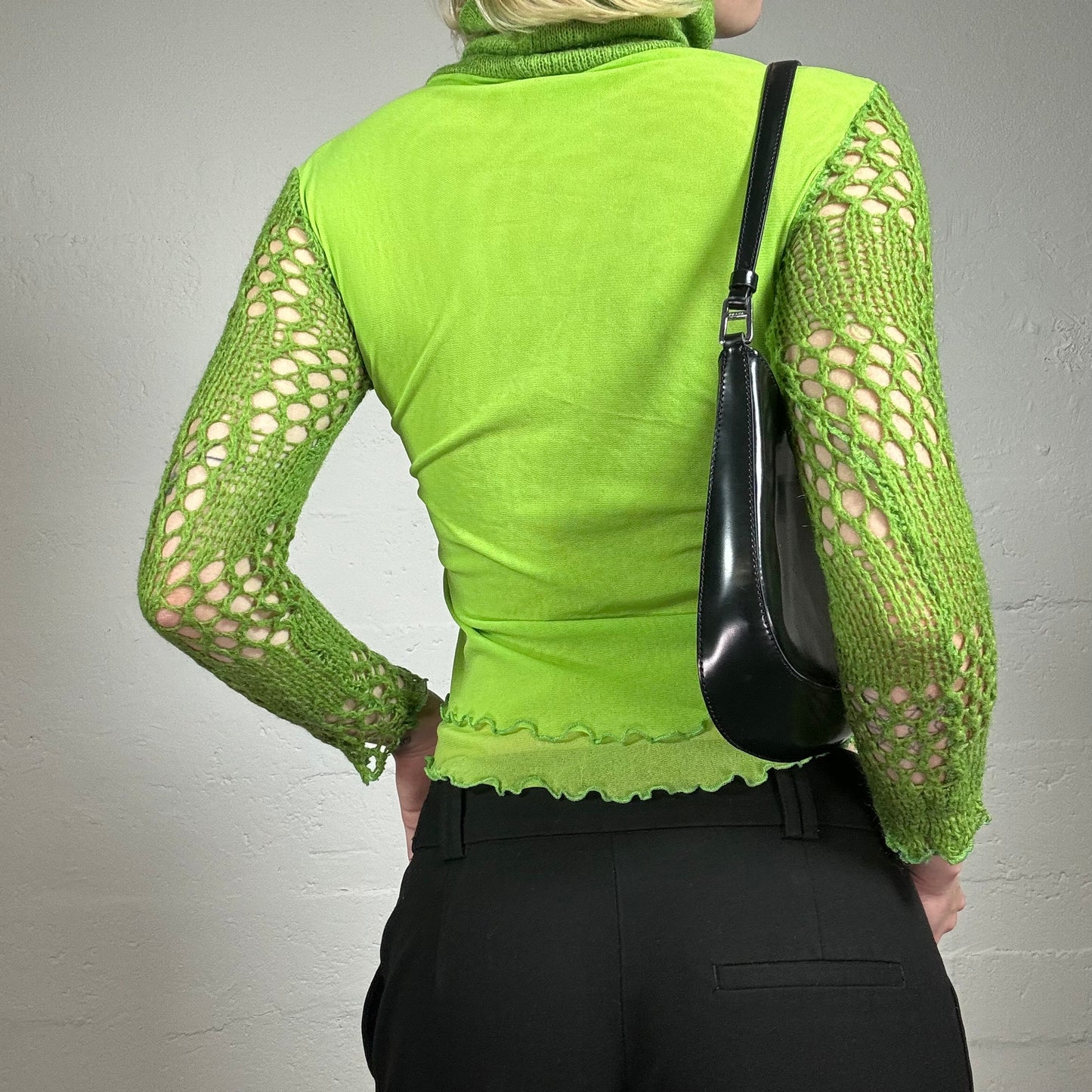 Vintage 2000's Downtown Girl Lime Green High Neck Longsleeve Top with Crochet Details