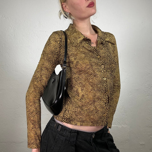 Vintage 2000's Funky Brown and Beige Snake Print Lonsgleeve Button Up (S)