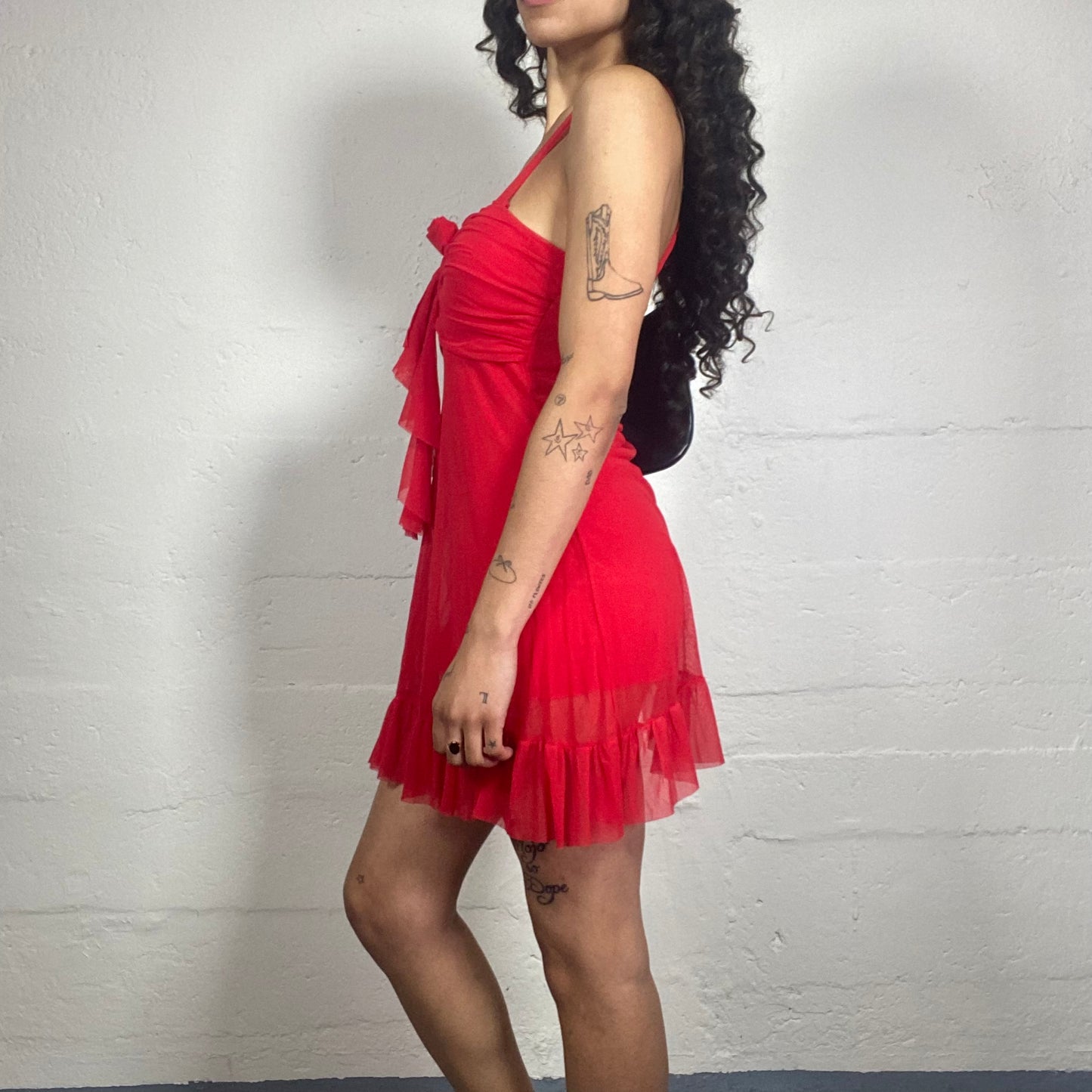 Vintage 2000's Summer Red Rose Chiffon Draped Mini Cami Dress with Draped Flower Detail (S)