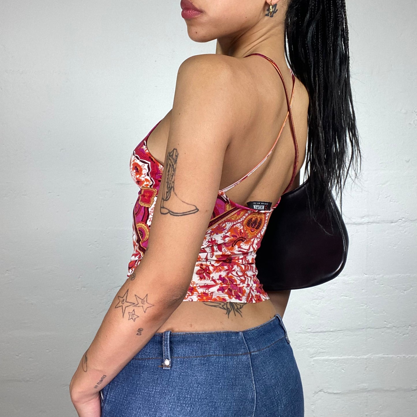 Vintage 2000's Morgan Summer Boho Red and Pink Abstract Floral Print Neckholder Top with Back Cross Binding (S)