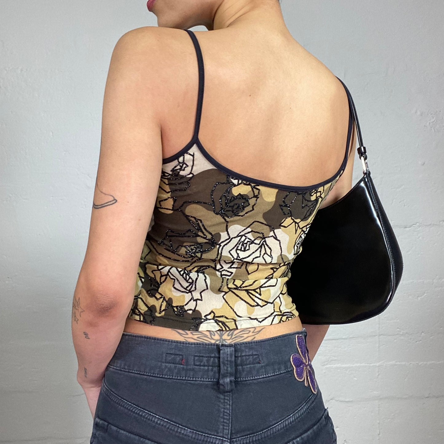 Vintage 2000's Romantic Bundle Button Up Shirt and Cami Top in Brown Tine with Black Glitter Rose Print (S/M)
