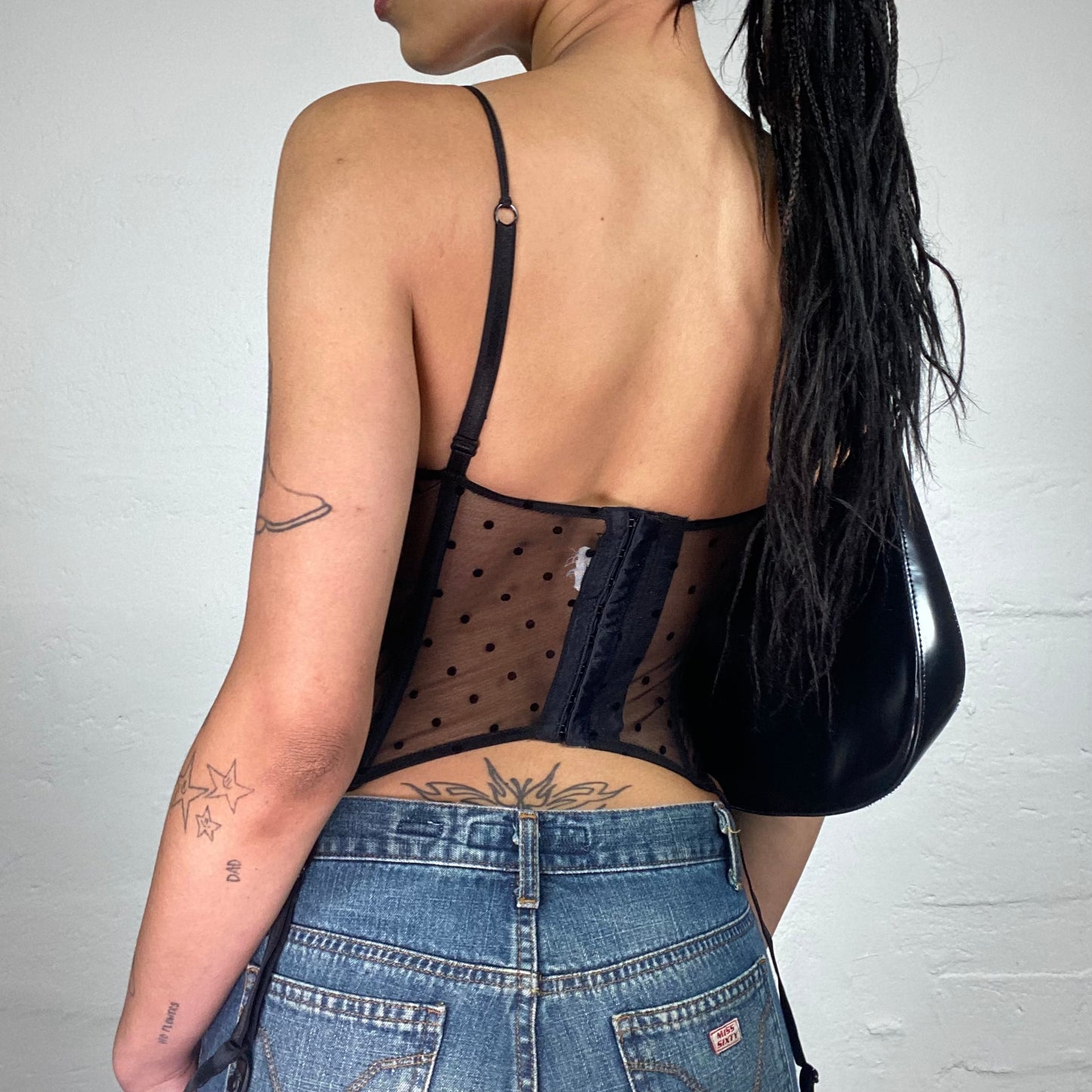 Vintage 2000's Soft Girl Black See Through Mesh Lingerie Corset with Pink Flowers Embroidery (S)