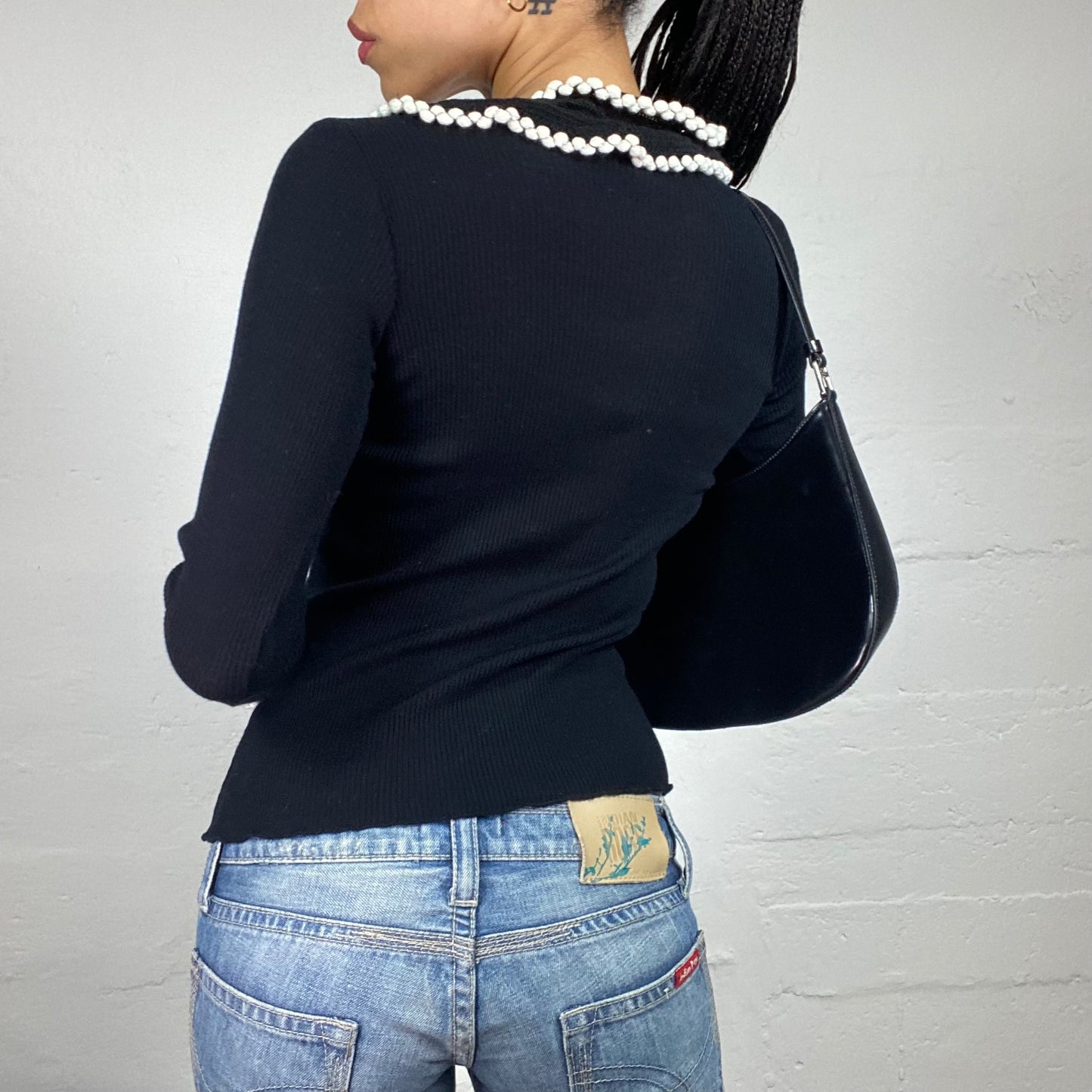 Vintage 2000's Coquette Black Jersey Longsleeve Striped Texture Corset Closing Top with White Embroidered Ruffled Trim (M)