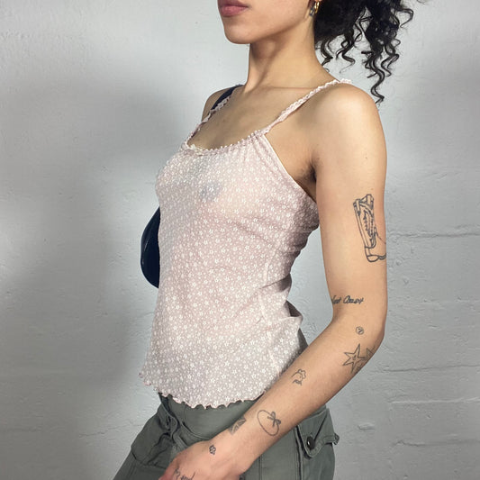 Vintage 2000's Soft Girl Powder Pink Mesh Cami Top with Lace Style Print (M)