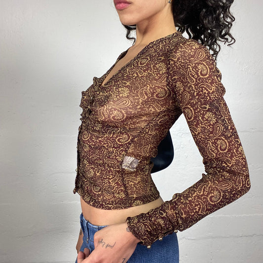 Vintage 2000's Boho Girl Brown Mesh Printed Button Up Longsleeve Top (M)