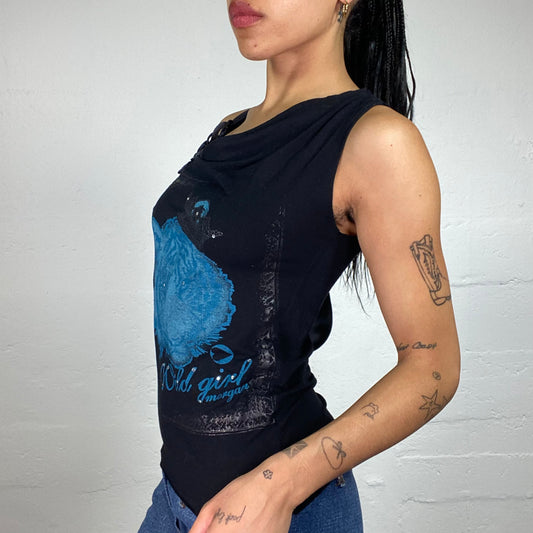 Vintage 2000's Morgan Downtown Girl Black Printed Draped Shoulders Top with Blue Shiny Details (S)