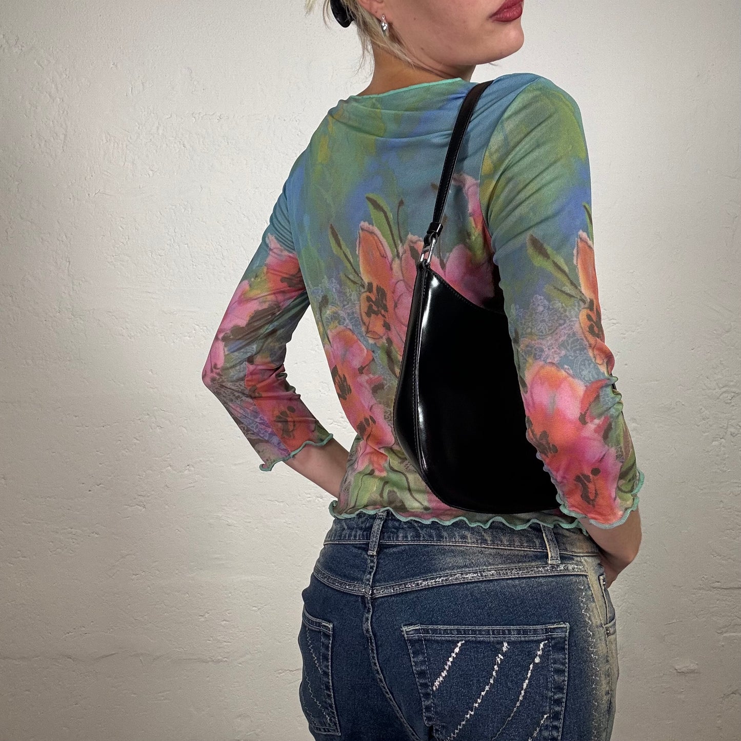 Vintage 2000's Downtown Girl Blue and Green Tie Dye Longsleeve Top with Flower Print and Rhinestone Details (M)