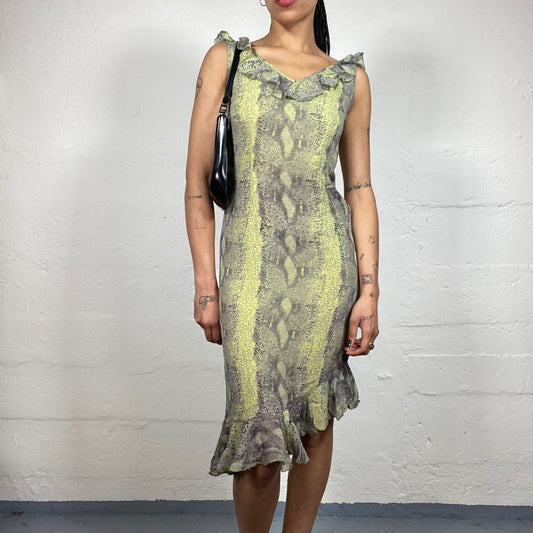 Vintage 2000's Summer Lime Green and Grey Snake Skin Asymmetric Trim Ruffled Chiffon Dress (S)