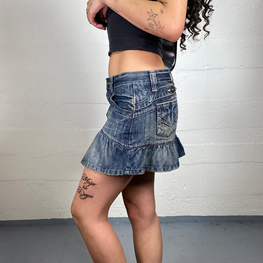 Vintage 2000's Coquette Blue Washed Out Denim Ruffled Bottom Mini Skirt (S)