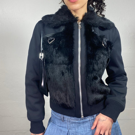 Vintage 2000's Glamorous Black Classy Bomber Jacket with Fur Details (L)